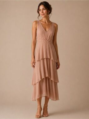 Max and Cleo 100% Silk Rosewood Blush Pink Tiered Ruffle Midi Dress Size 2 NWT
